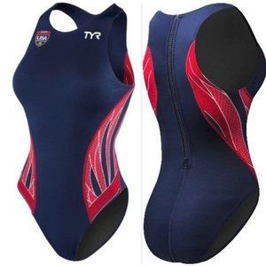 TYR Durafast Navy/Red zip swimsuit, race suit, swimteam, New with tags